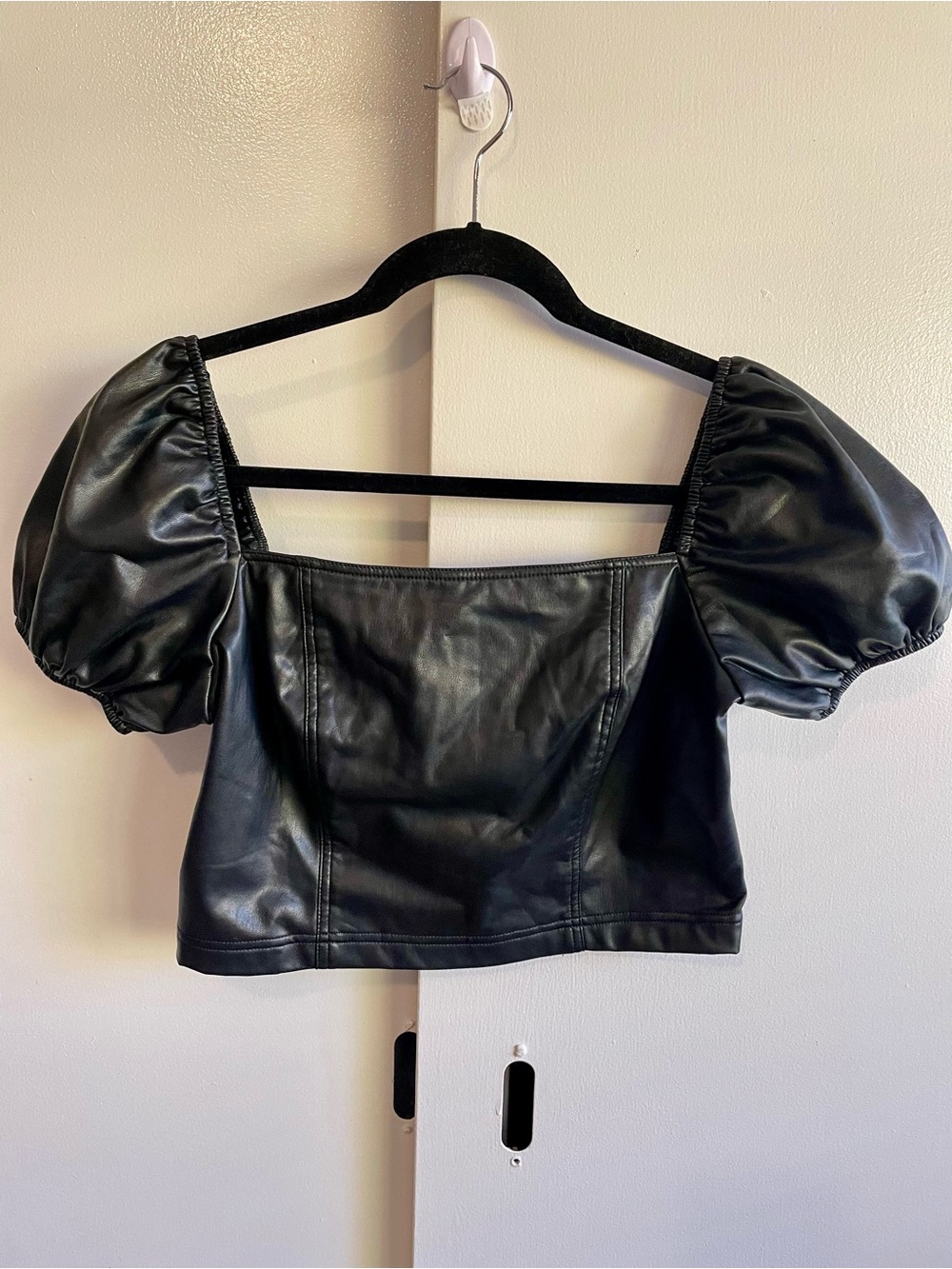 7 For All Mankind Faux Leather Puff Sleeve Square Neck Crop Top Medium